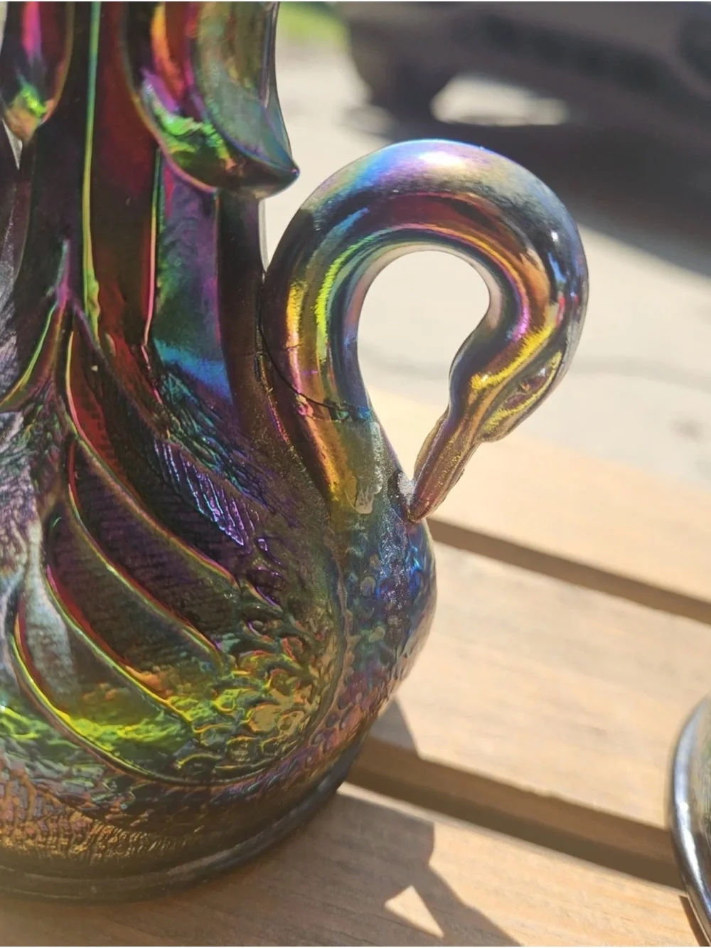 Fenton Carnival Glass Swan Candlesticks Pair Iridescent - repaired